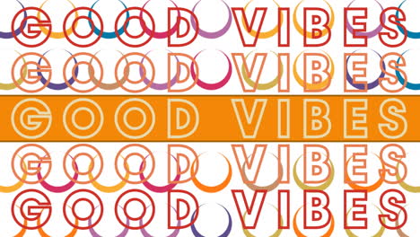 animation of good vibes text repeated over colorful circles on white background