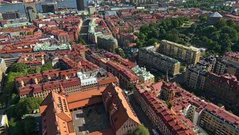 Aerial-over-the-colorful-rooftops-of-Linnestaden-or-Linne-in-Gothenburg,-Sweden