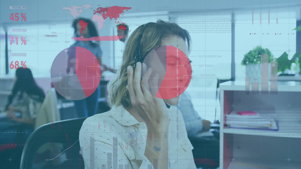 Animation of financial data processing over caucasian businesswoman in office