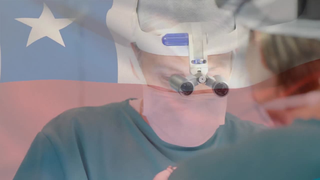 Animation of flag of chile waving over surgeons in operating theatre