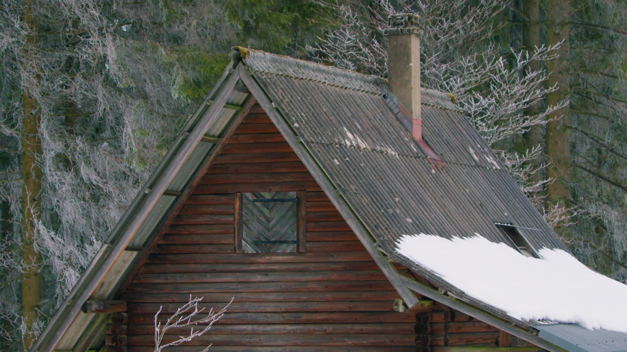 검은 숲의 지붕에 굴뚝과 눈이 있는 목조 주택의 핸드헬드 샷
