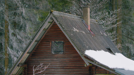 黑森林屋顶上有烟囱和雪的木屋的手持镜头