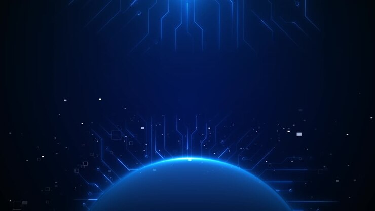 Globo blu del pianeta, ascesa digitale, linee di dati del circuito, elementi luminosi, rete tecnologica per AI e blockchain