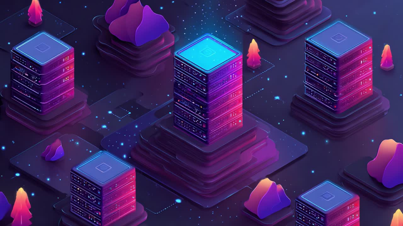 A Stunning Digital Landscape Featuring Neon-Illuminated Server Racks Surrounded by Geometric Terrain and Ethereal Elements, Showcasing Futuristic Technology and Data Storage