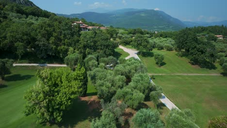 aerial flying over golf ca 'degli ulivi landscape and courses over trees