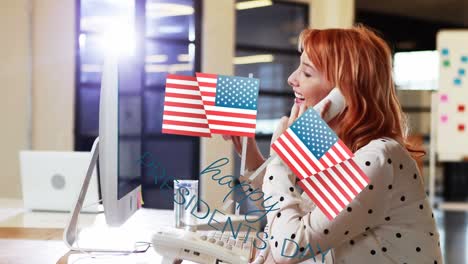 animation of happy presidents day text over caucasian businesswoman on phone in office