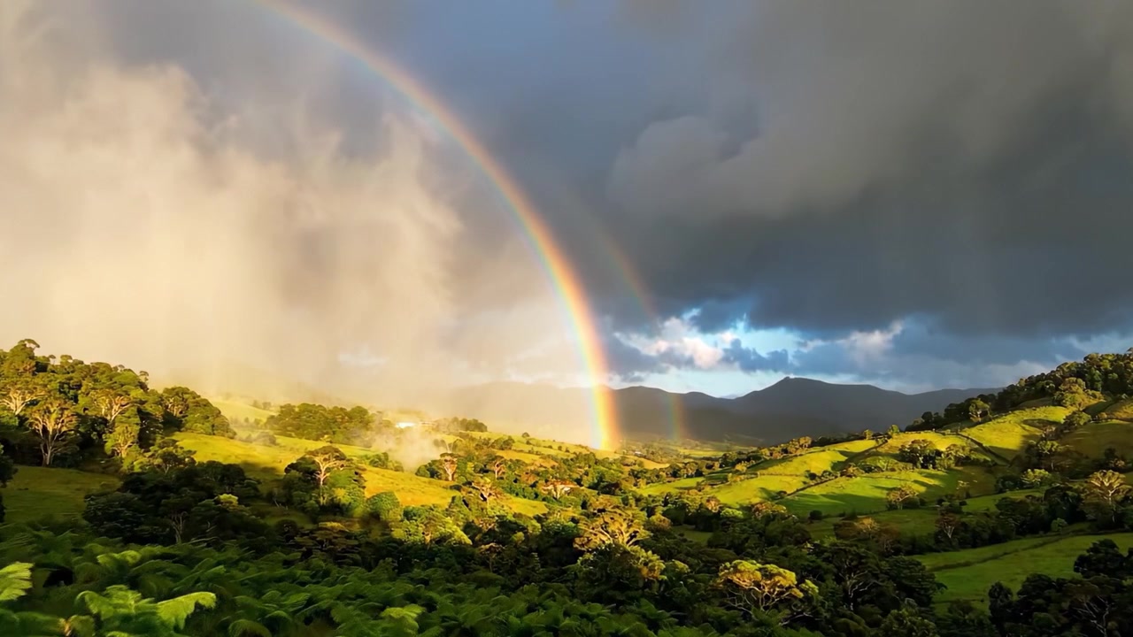 Uma paisagem deslumbrante exibindo um arco-íris vibrante sobre uma vegetação exuberante, emoldurada por nuvens escuras e luz solar suave iluminando o vale sereno abaixo