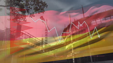 Animación-Del-Diagrama-Rojo,-Procesamiento-De-Datos-Y-Bandera-De-Alemania-Sobre-El-Sitio-De-Construcción.