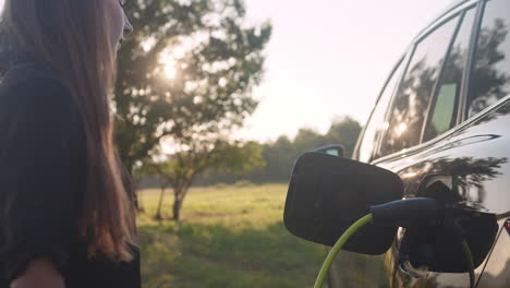 woman browsing on a smartphone, waiting to charge an electric car, handheld shot