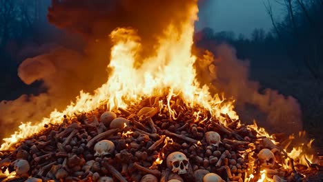 a pile of skulls sitting on top of a pile of bones on fire