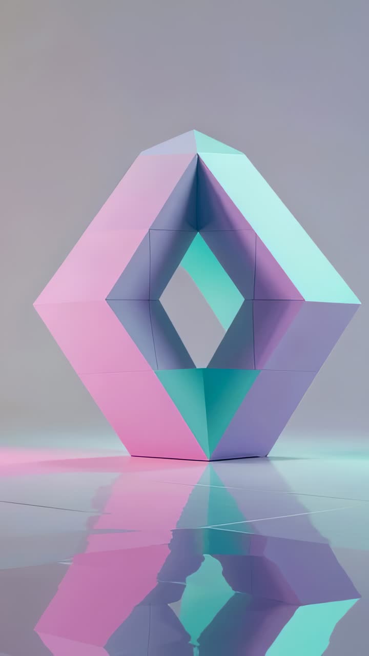 Vertical video: On playback pastel hexagonal ring turning in studio showing pink-teal gradient