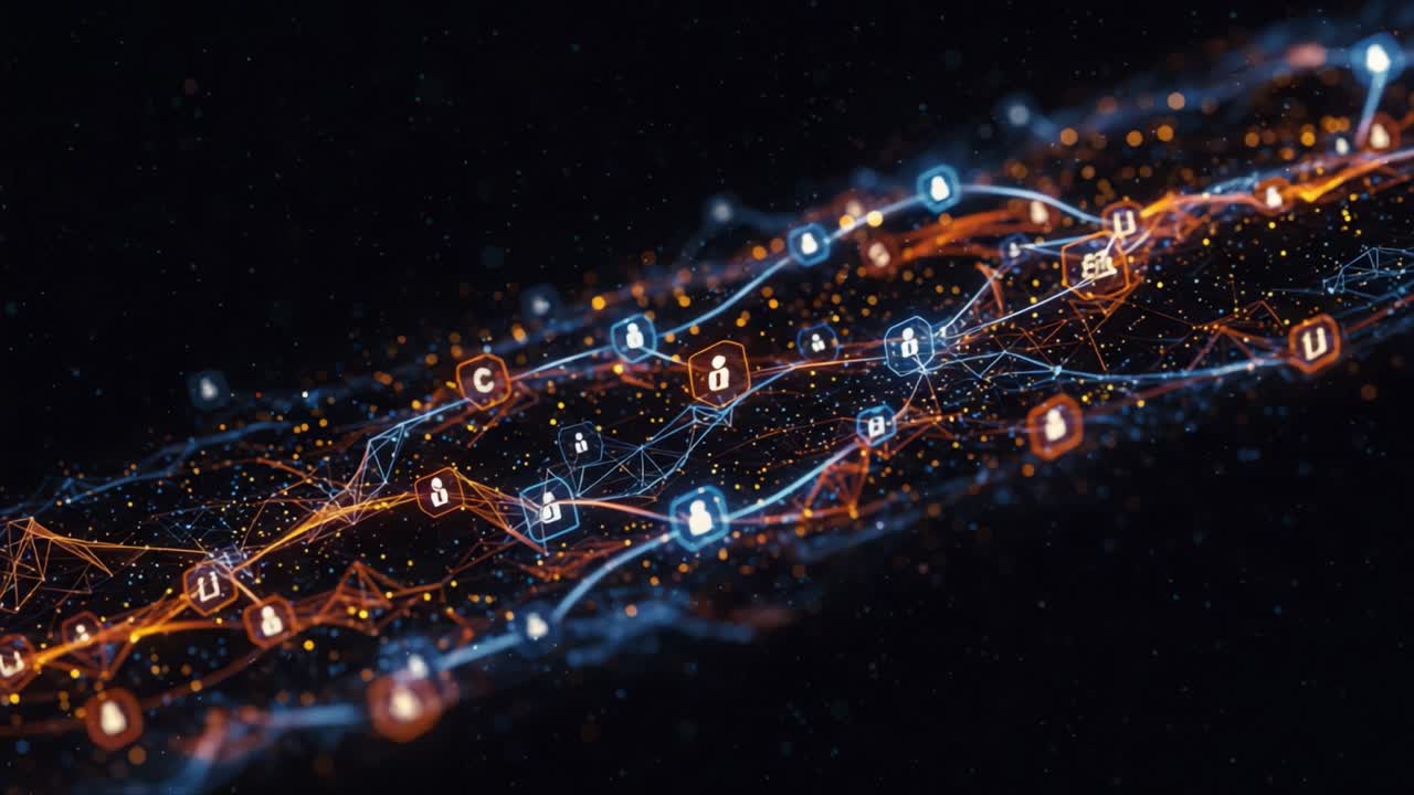 Abstract Digital Network Visualizing Connectivity and Information Flow Through Glowing Nodes in Colorful Patterns Generating A Dynamic Data Landscape