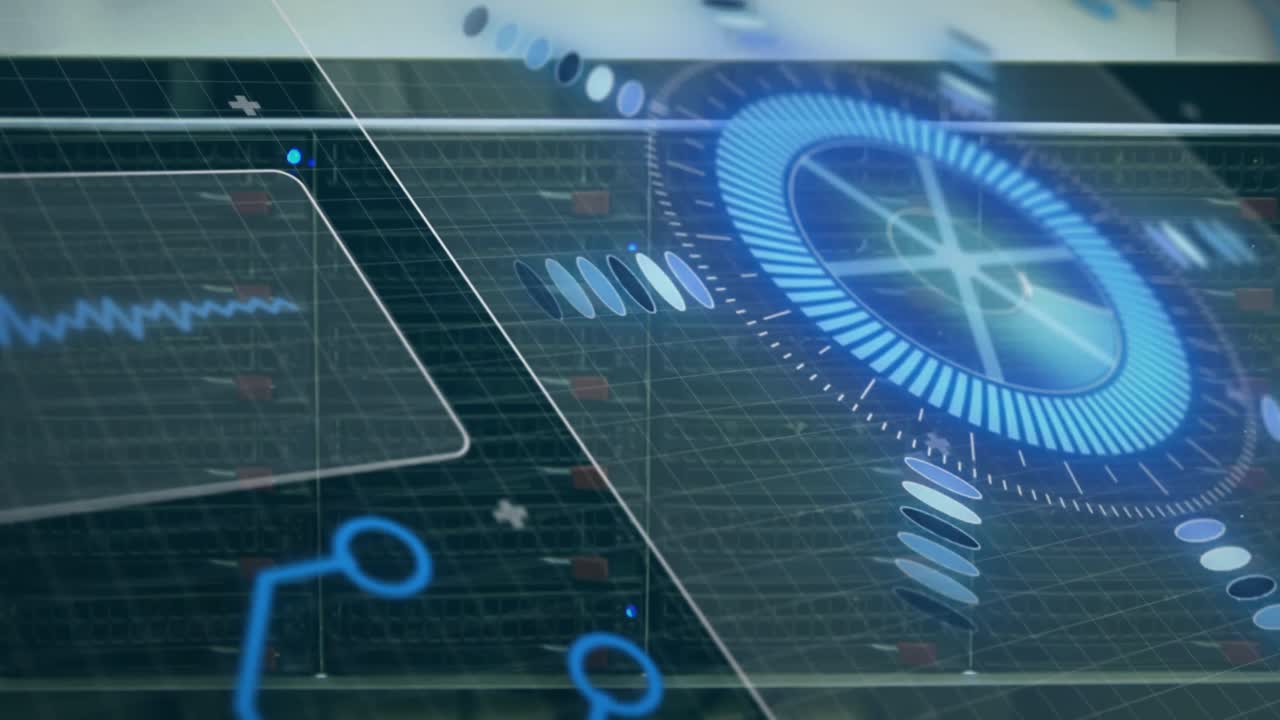 animación del procesamiento de datos sobre pantallas y cuadrícula