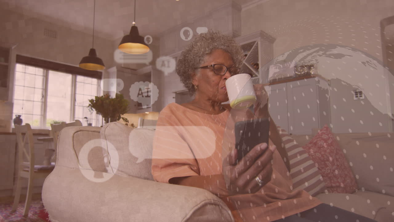 스마트폰을 사용하는 두 인종 여성에 대한 ai 데이터 처리의 애니메이션