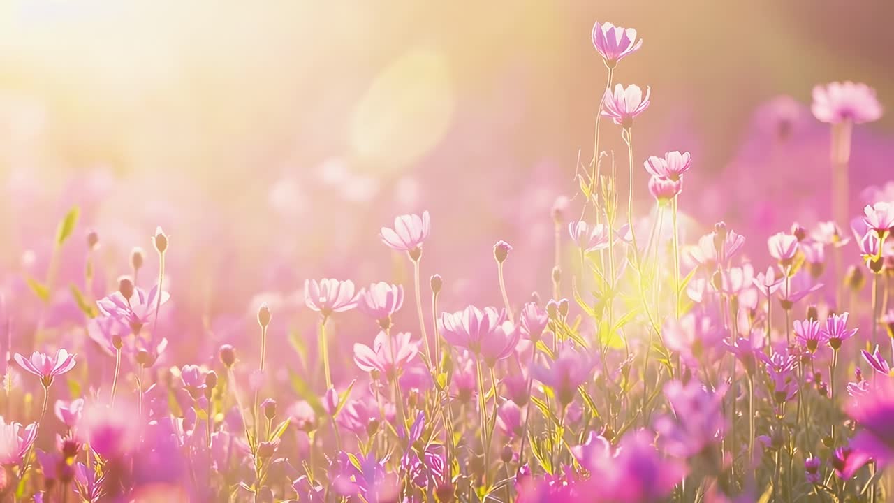 A dreamy, low-angle video shot of a sunlit field of purple flowers, capturing a serene and ethereal