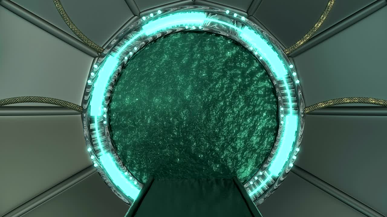 vista panorámica de la escena del paisaje de la estación. animación en 3d de cerca fondo abstracto de corredor de ciencia ficción con portal. tecnología futurista abstracto vj sin costuras para títulos tecnológicos y fondo.
