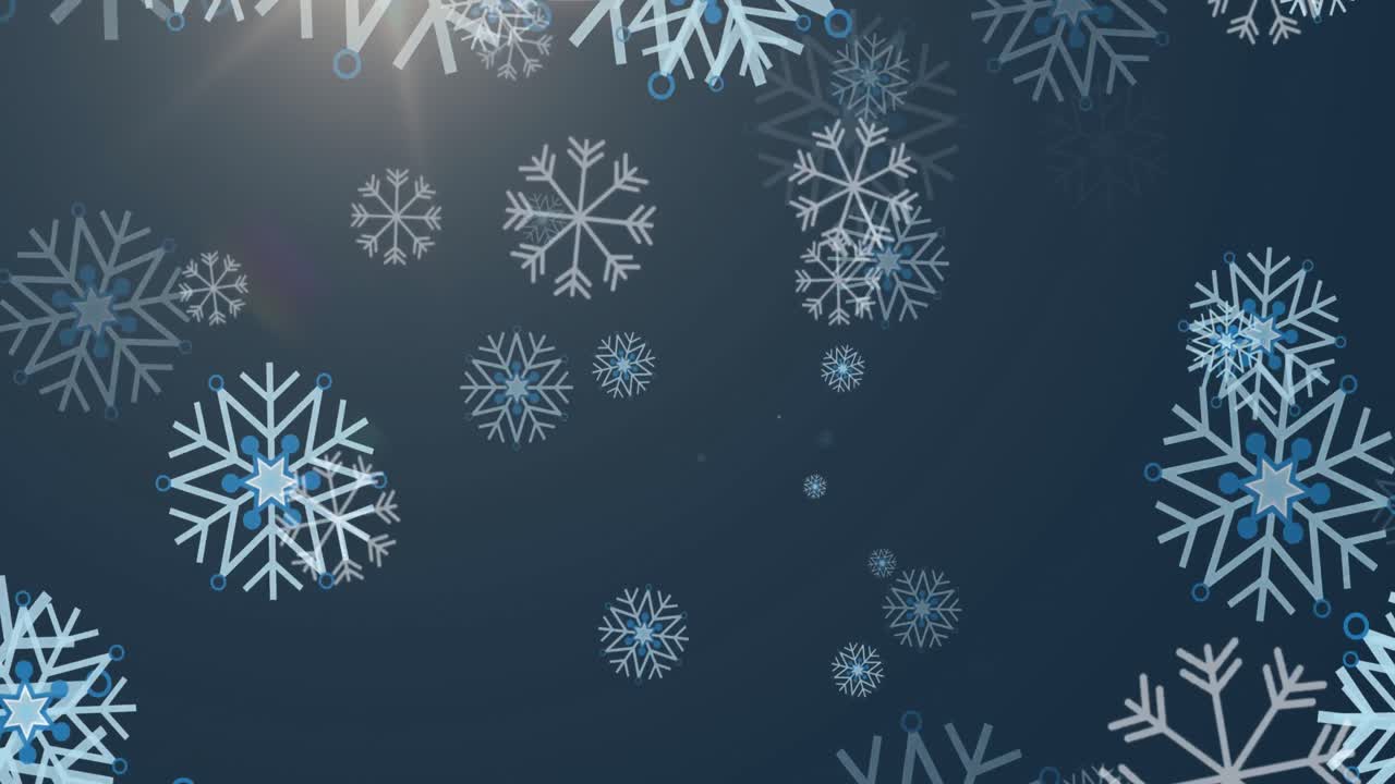 Animation of christmas snowflakes falling on blue background