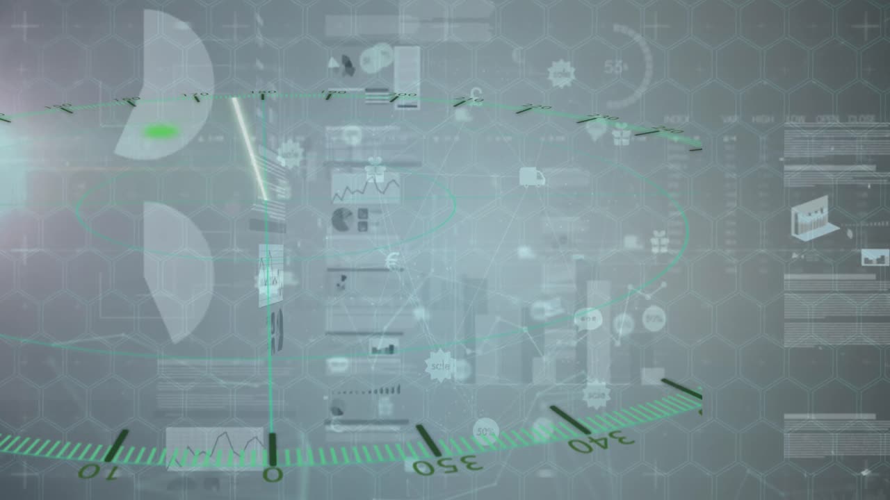 회색 배경에 대한 범위 스캐닝, 통계 및 데이터 처리의 애니메이션