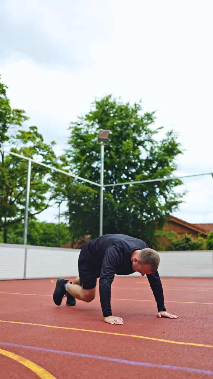 Uomo atletico che allunga le braccia alle sbarre parallele in una palestra all'aperto nel parco. Vestito con uniforme nera, pantaloncini scuri e scarpe da ginnastica. Si allena all'aperto.
