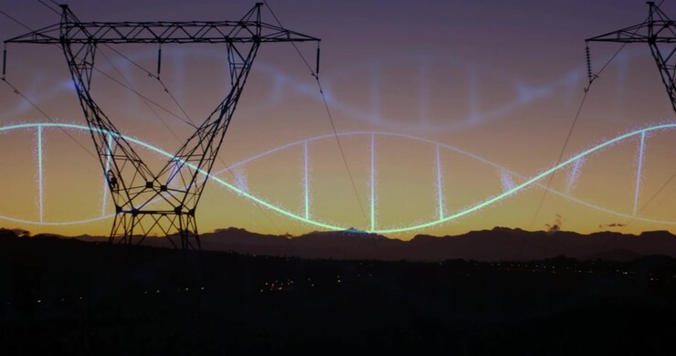 Linha azul-neon iniciando à esquerda traçando uma onda senoidal até uma torre, marcando picos e mostrando sinal de energia.