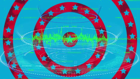 statistical data processing against spinning stars on circles against blue background