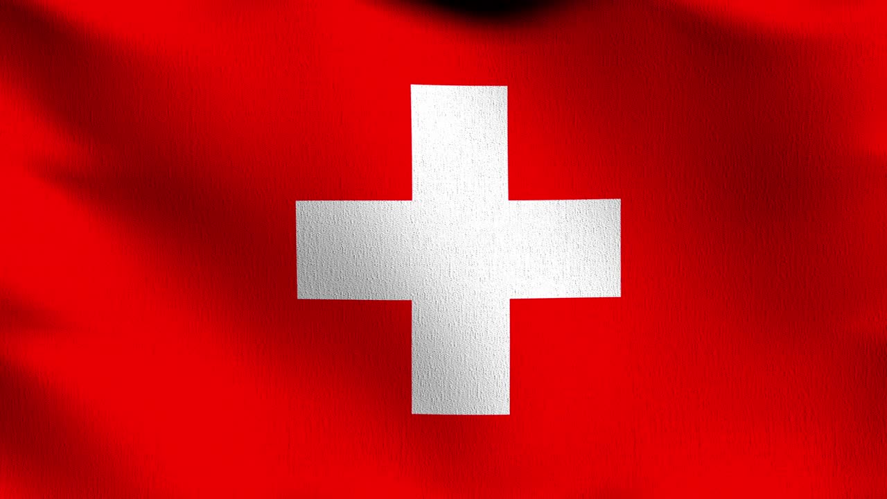 bucle sin costura 4k vdo. bandera nacional suiza soplando en el viento aislado. diseño abstracto patriótico oficial. ilustración de renderización 3d del símbolo de señal de agitacion.