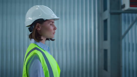 portrait storage employee walking in manufacture supply complex managing stock