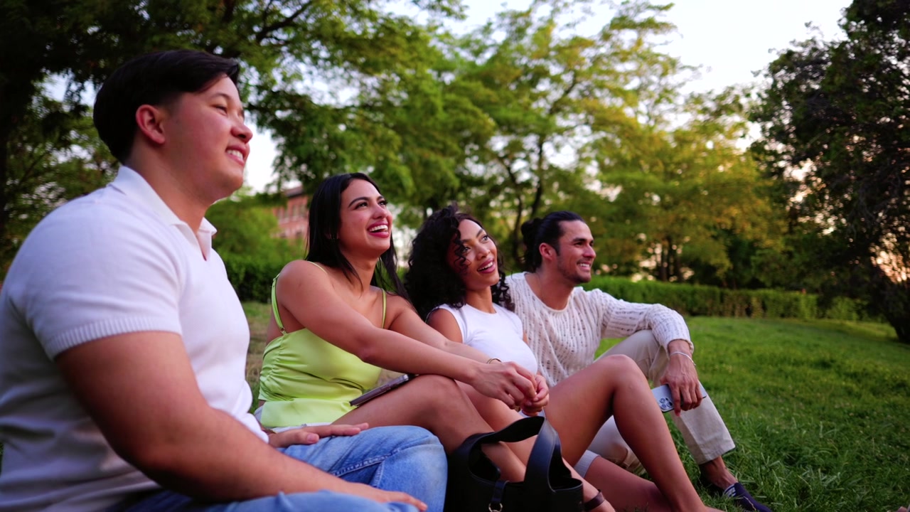 Grupo de amigos relajándose y conversando en un parque al atardecer.