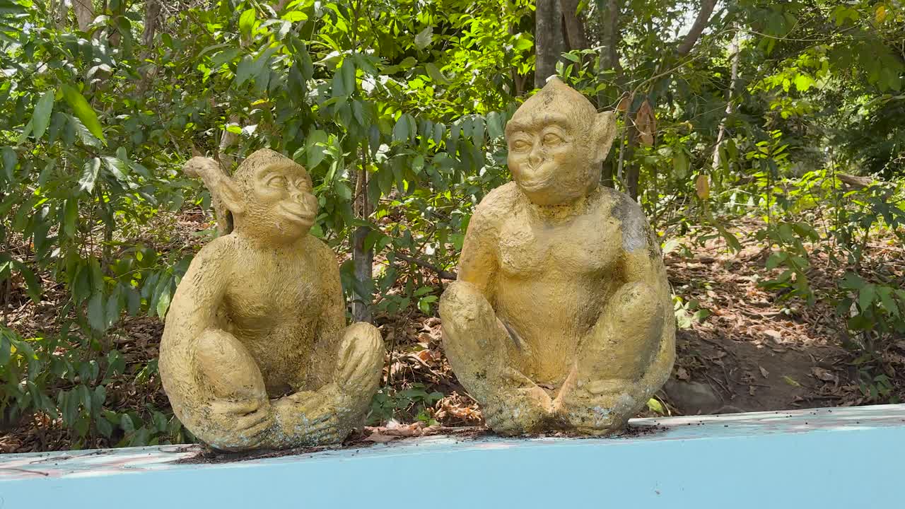 Two golden monkey statues sit outdoors, surrounded by greenery, captured with slow camera movement