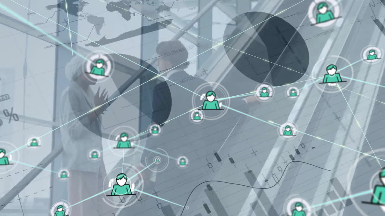 에스컬레이터에 있는 사업가들에 대한 아이콘으로 연결된 네트워크의 애니메이션