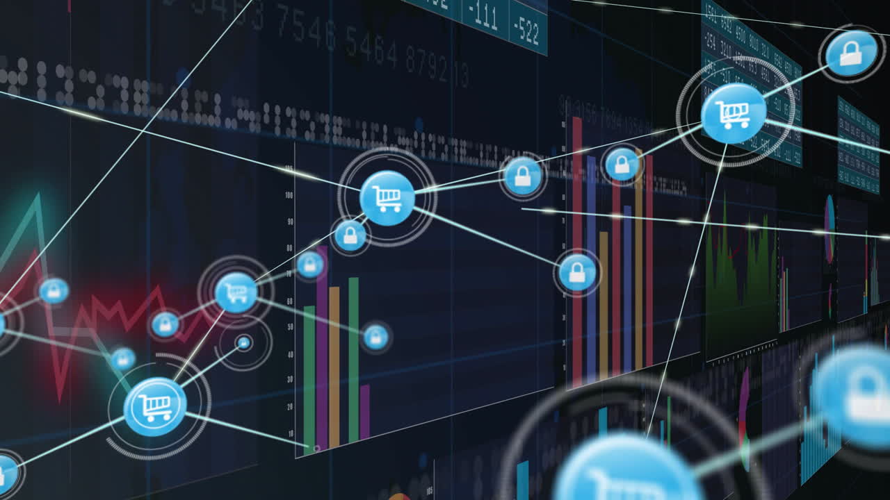 Animation of shopping cart icons connecting over digital financial graphs in school