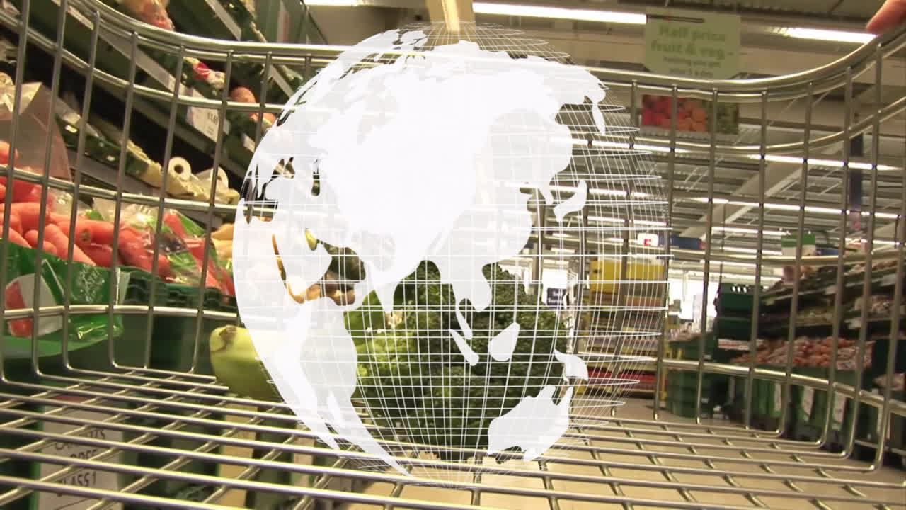 анимированный глобус над продуктовой корзиной в супермаркете