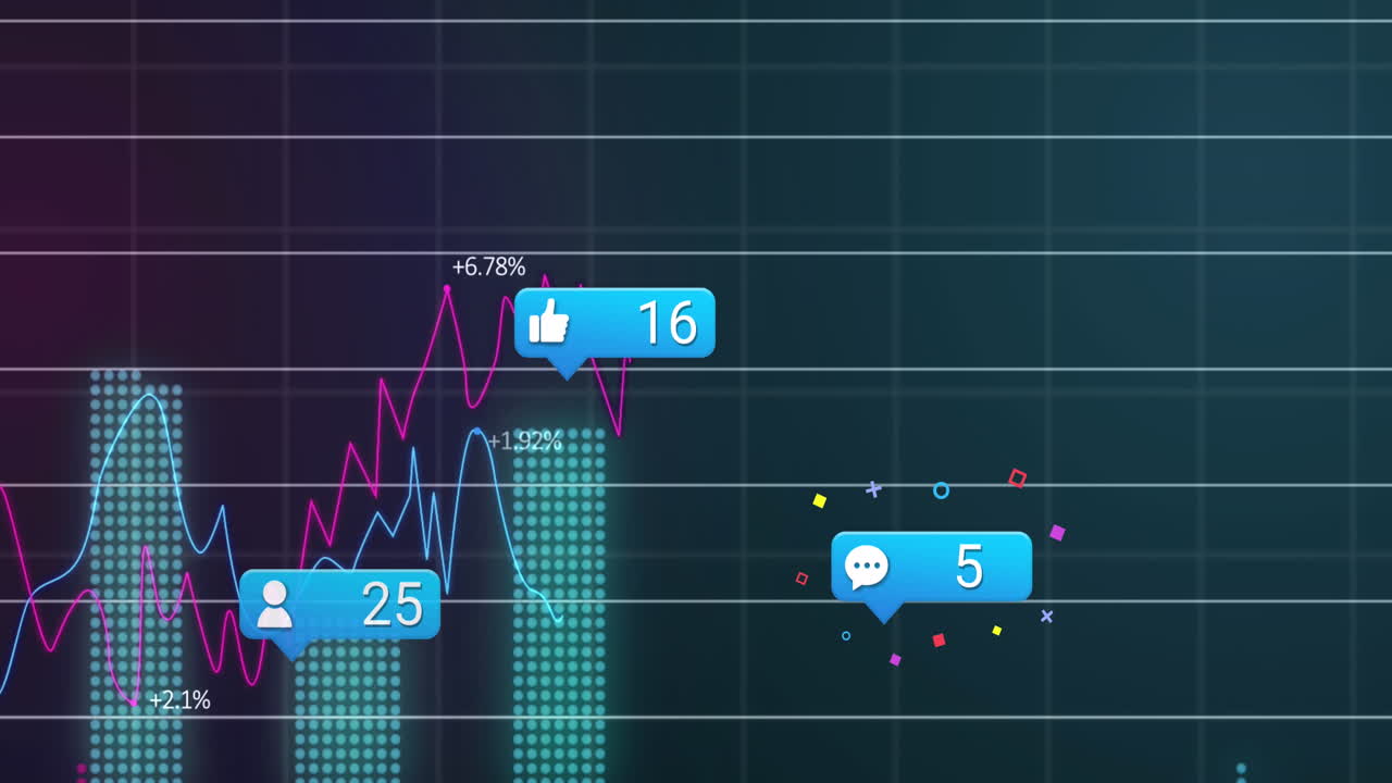 Animation of social media icons floating over statistical data processing against green background
