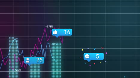 Animation-of-social-media-icons-floating-over-statistical-data-processing-against-green-background