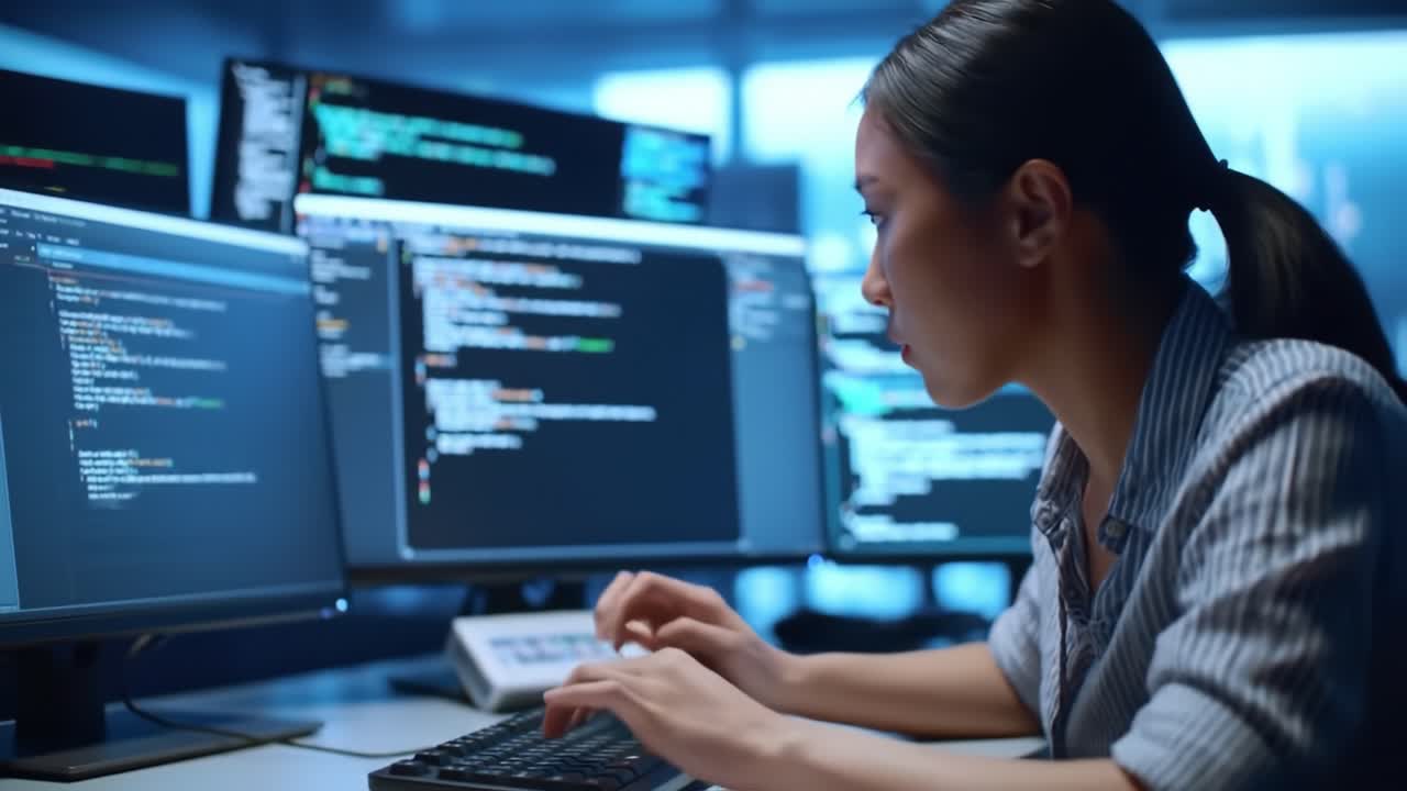 Focused Programmer Working on Complex Code in a High-Tech Environment Featuring Multiple Monitors Displaying Intricate Programming Syntax and Software Development Tools