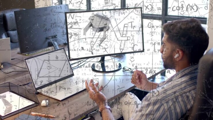 Ingegnere che studia robotica, monitor del laptop con pinza rotante e matematica sovrapposta mentre analizza le pose.
