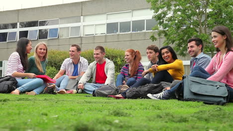 estudiantes felices sentados en la hierba juntos hablando