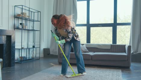 a joyful cleaning session in a bright living room on a sunny afternoon