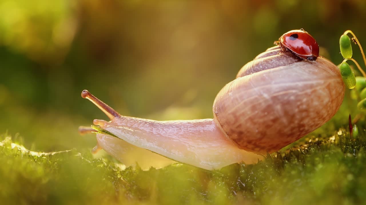 un primer plano de la vida silvestre de un caracol y una mariquita en la luz del atardecer.