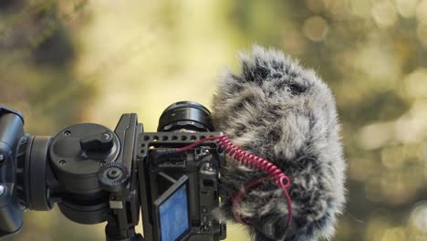 camera mounted on a tripod with microphone recording