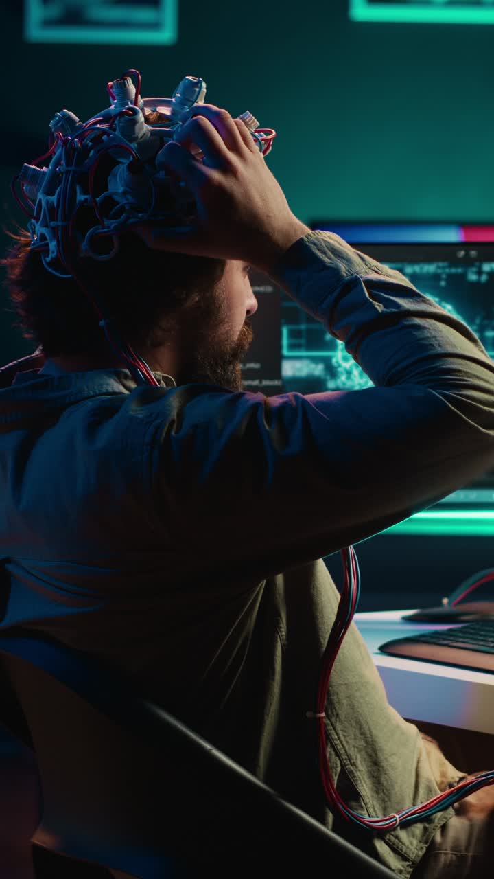 Man Wearing EEG Cap Working on AI Brain Interface