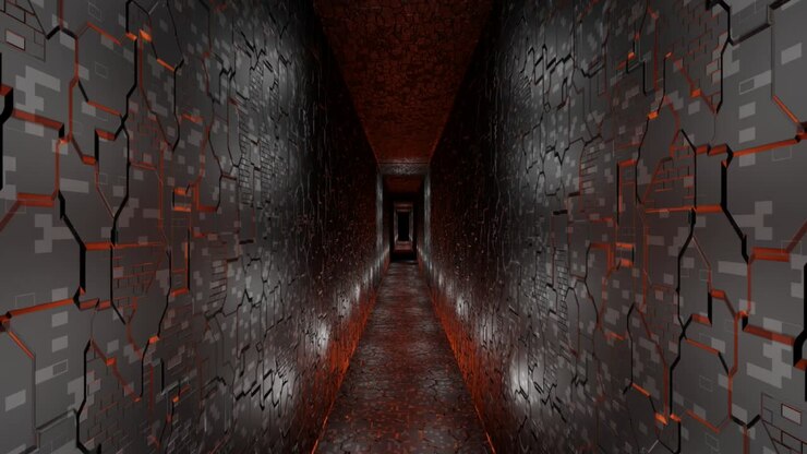 Animazione video 4K di una sala giochi astratta o un tunnel con parete sci-fi e bellissime crepe con effetto loop.