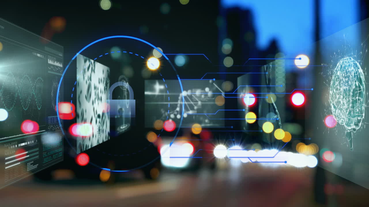 Digital interface with data processing animation over blurred city street at night
