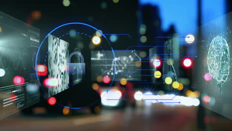 digital interface with data processing animation over blurred city street at night