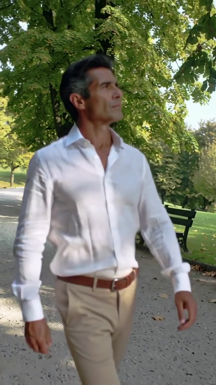Video verticale: Uomo che cammina, guardando gli alberi mentre passa una panchina del parco, indossando una camicia di lino.