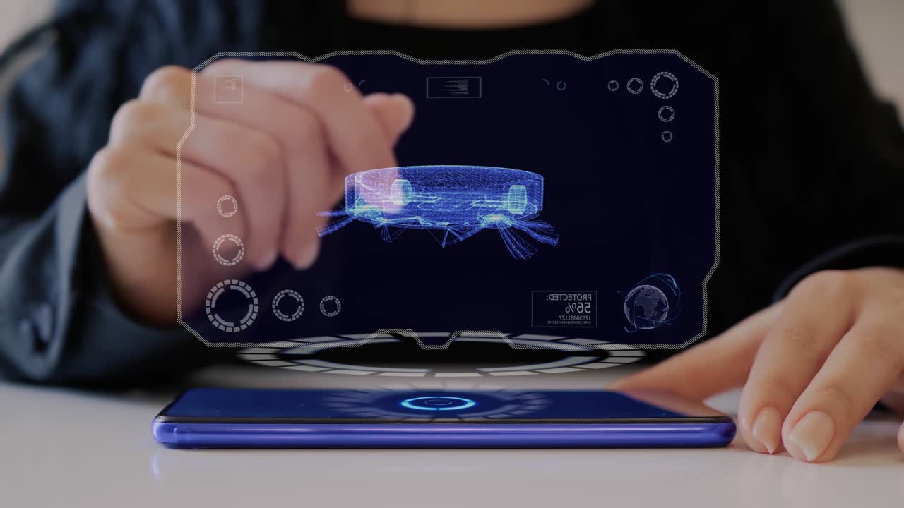 la mano femenina interactúa con el holograma de la aspiradora robótica