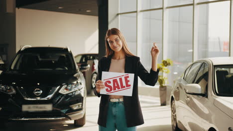 mujer sosteniendo un letrero de venta en un concesionario de automóviles