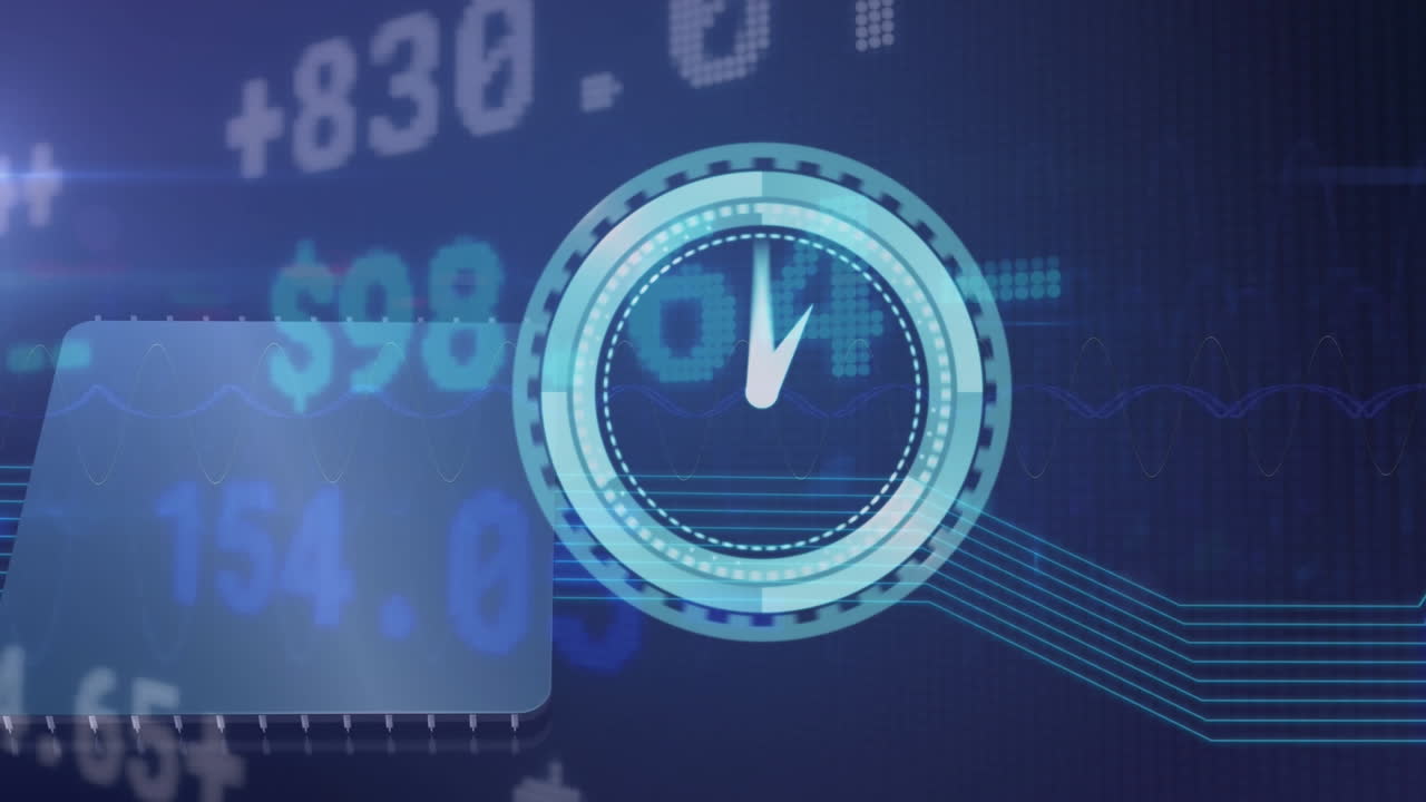 Animation of moving clock and stock market over blue backgorund