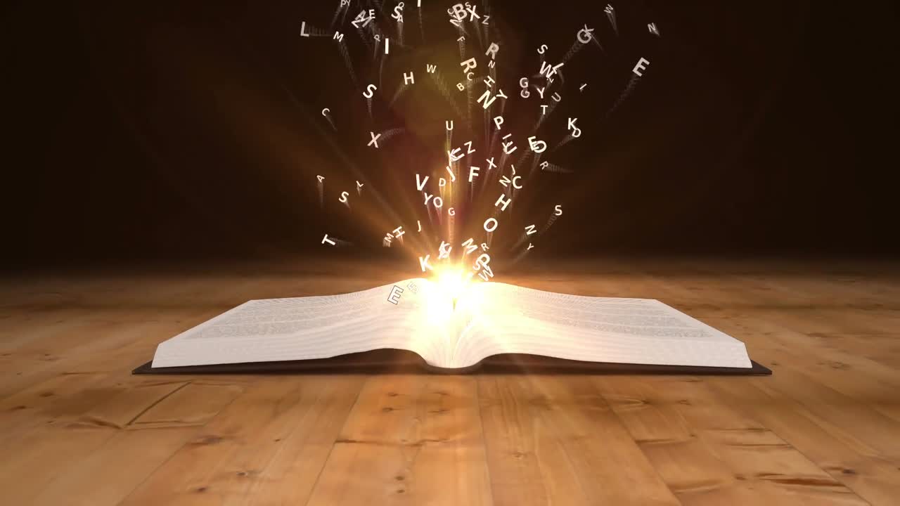 날아다니는 금색 글자들로 책이 열립니다.