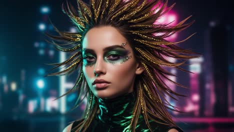 a futuristic portrait of a woman with striking hair and glamorous makeup, capturing an edgy aesthetic against a vibrant urban backdrop